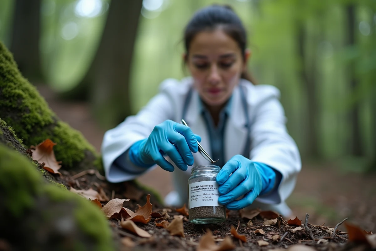 Vétérinaire prélevant un échantillon de crotte de renard en forêt avec des gants et des pinces pour analyse parasitologique
