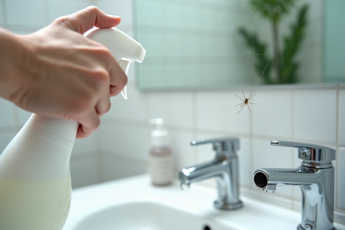 Main tenant un produit ménager près d'une toile d'araignée dans une salle de bain, symbolisant les dangers domestiques pour les araignées