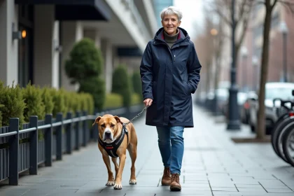 Femme en imperméable marine avec chien musclé en ville