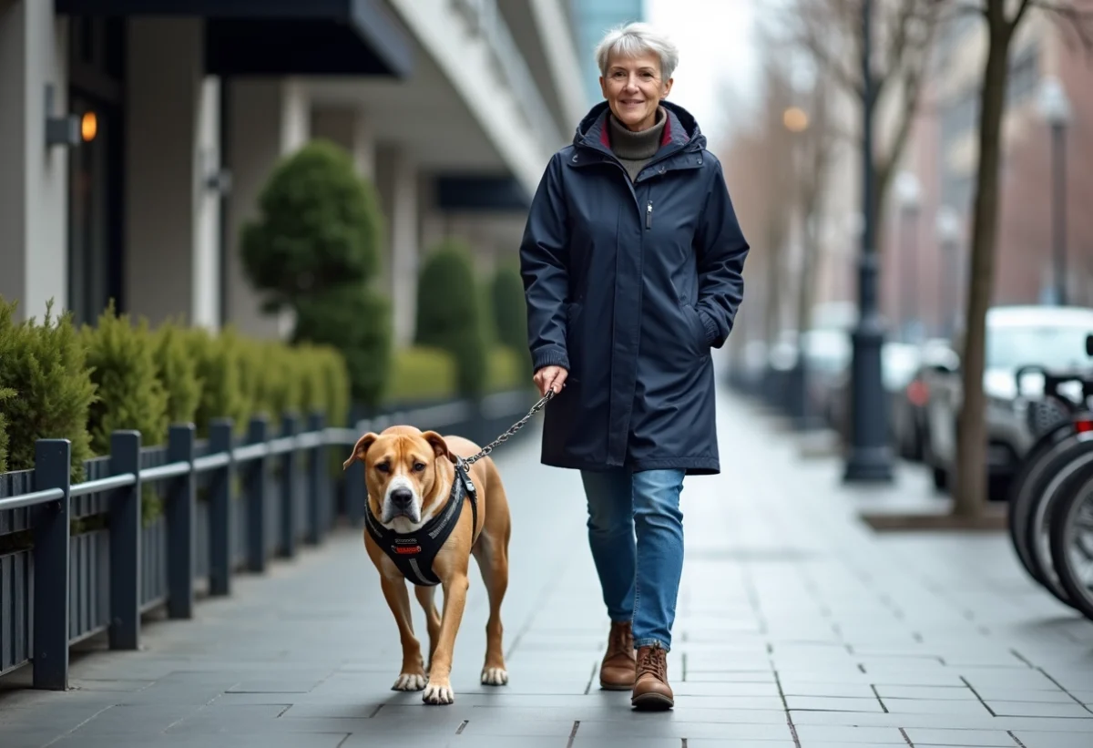 Femme en imperméable marine avec chien musclé en ville