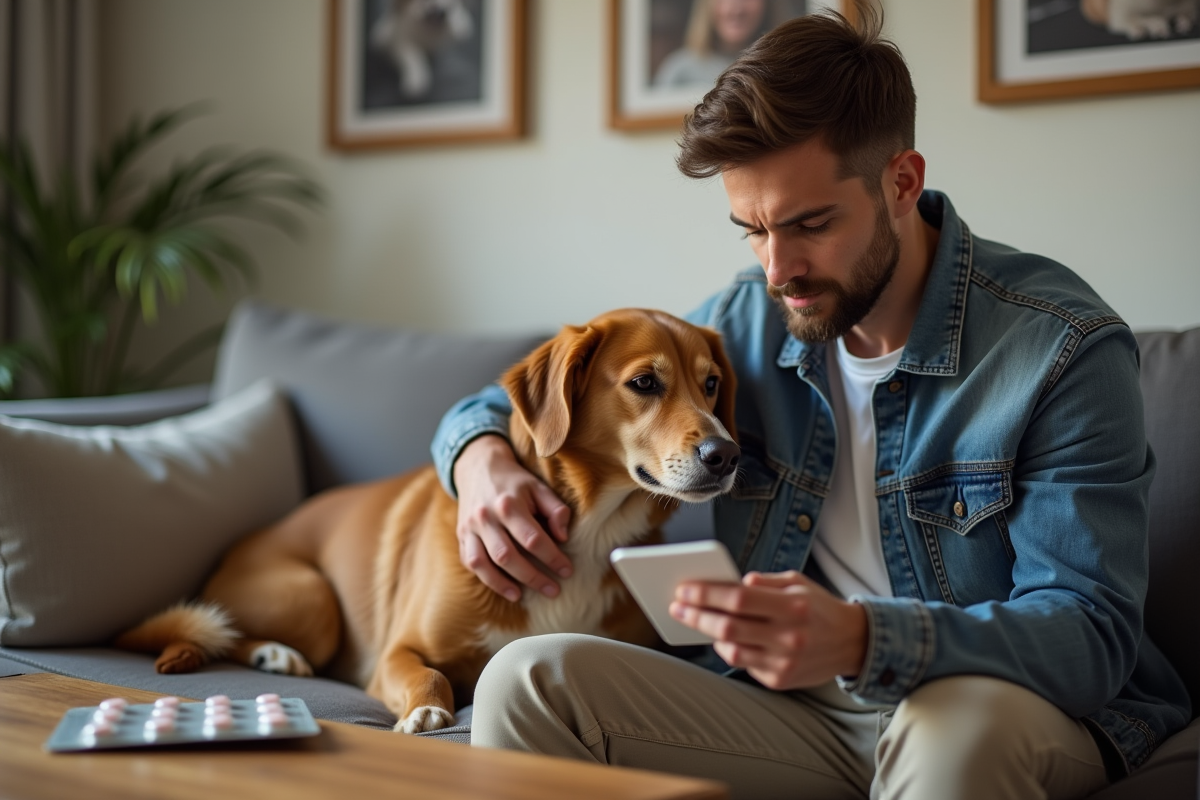 Jeune homme lit Calmivet avec son chien dans le salon