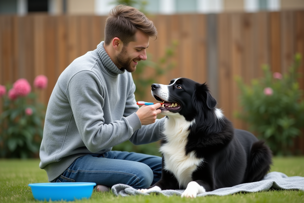 Jeune homme brosse les dents de son chien dans le jardin