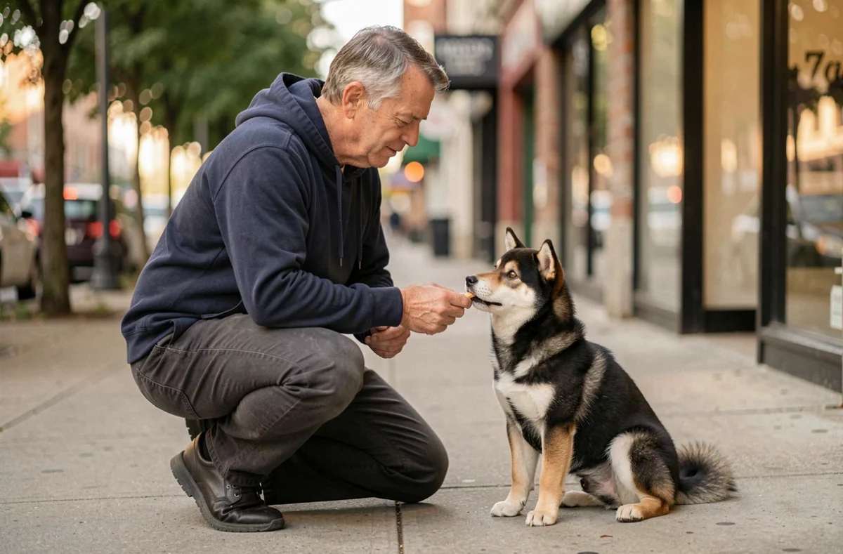 Propriétaire récompensant son chiot Shiba Inu après une sortie propreté réussie en ville