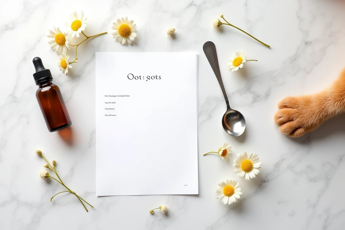 Flat lay de protocole de posologie d'argent colloïdal pour chat avec flacon ambre, cuillère et fiche dosage annotée