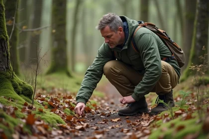 Homme randonneur examinant des traces d'animaux en forêt