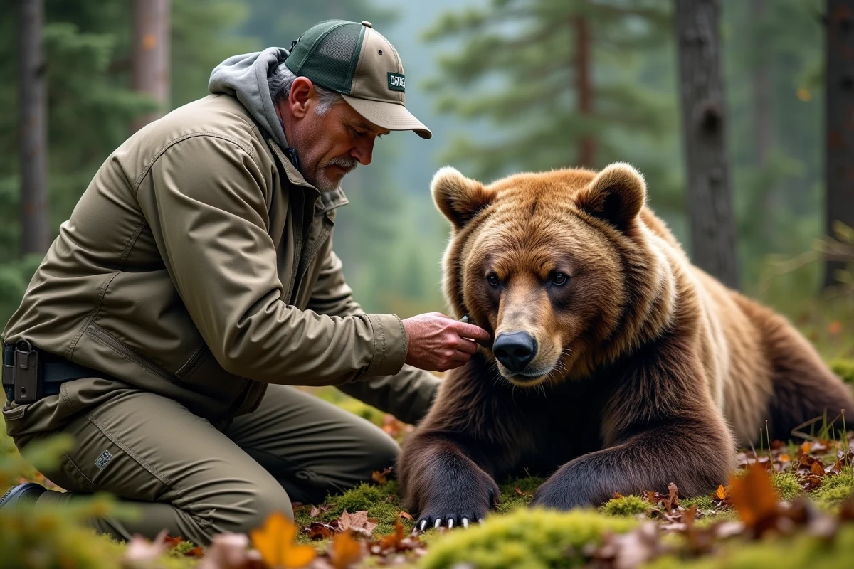 Ranger attachant un collier à un ours grizzly dans la forêt