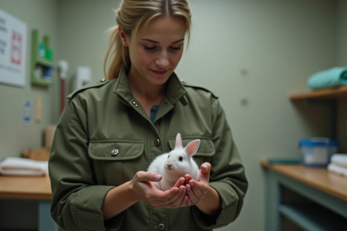 Femme soignant un lapin dans une pièce d
