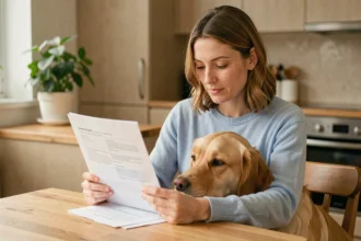 Femme consultant un document de remboursement d'assurance animaux avec son chien golden retriever à la maison