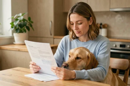 Femme consultant un document de remboursement d'assurance animaux avec son chien golden retriever à la maison