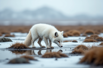 Renard arctique blanc avec teintes brunes dans la tundra