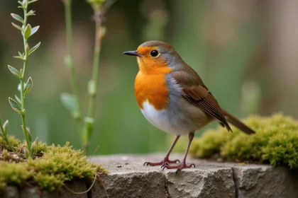 Rouge-gorge familier perché sur un muret de pierre moussu dans un jardin de campagne française