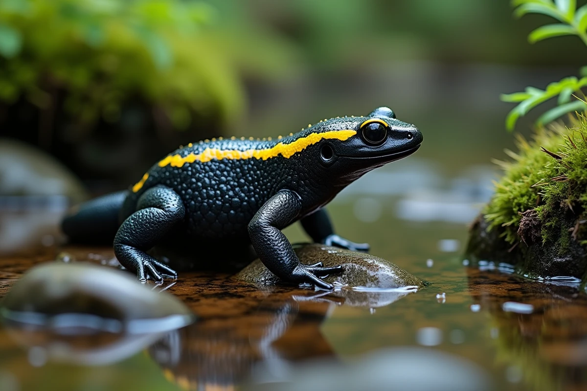 Salamandre tachetée, un urodèle typique, sur un rocher moussu humide près d'un ruisseau forestier avec ses motifs jaunes et noirs caractéristiques