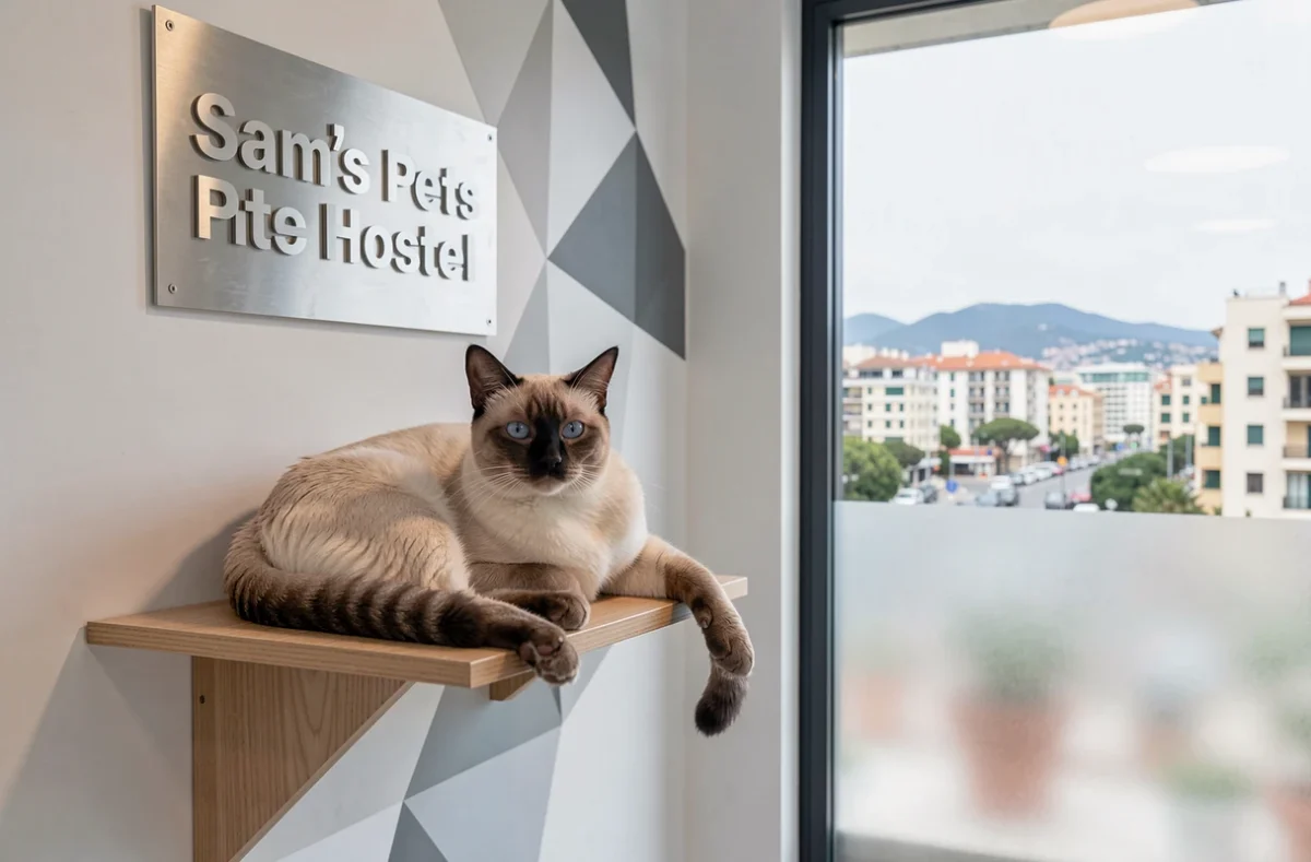 Un chat siamois reposant sur une étagère design dans la chambre moderne et épurée du Sam's Pets Hostel à Nice
