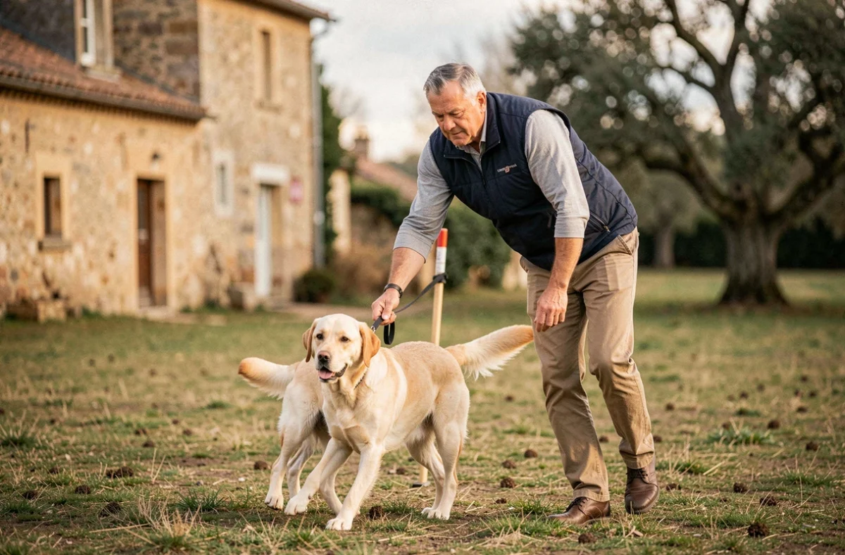 Un éducateur canin de SAS Truffinade guidant un Labrador lors d'une séance de dressage près d'une ferme en Gironde