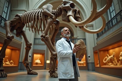 Scientifique examinant un squelette de mammouth laineux dans un muséum d'histoire naturelle