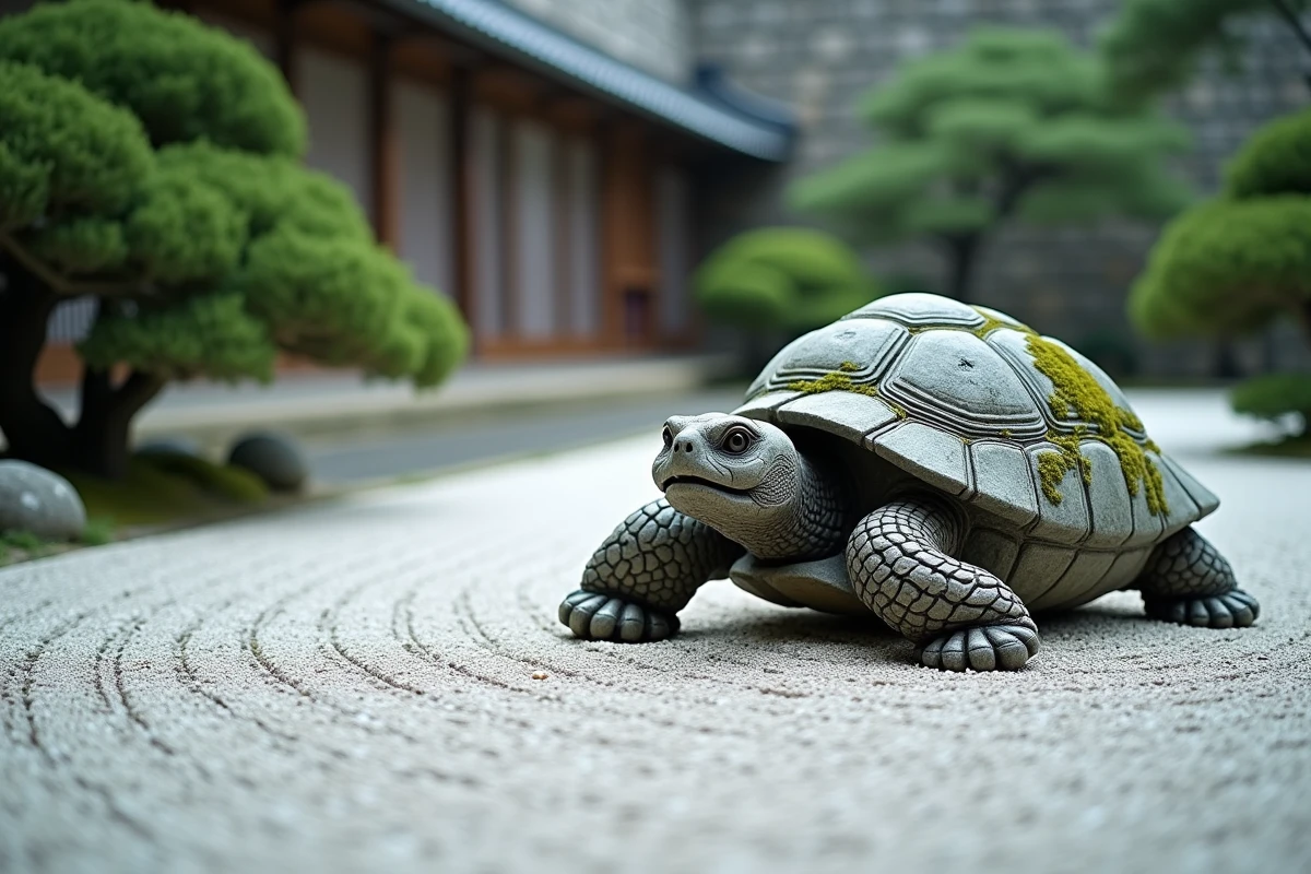 Sculpture de tortue en pierre ancienne dans un jardin zen japonais avec graviers ratissés, symbole de longévité et de réussite culturelle