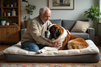 Homme senior caressant un Saint Bernard sur un grand lit orthopédique