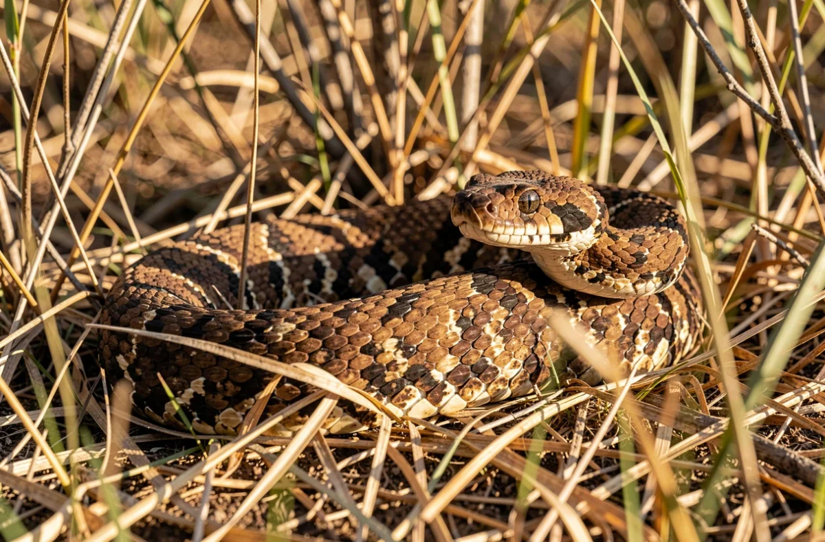 Serpent brun lové dans les herbes sèches du bush australien