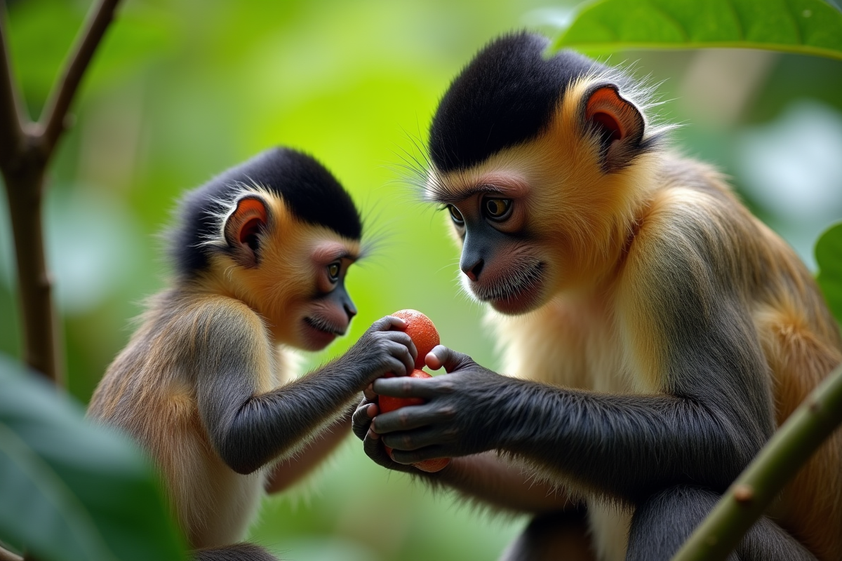 Une mère capucin et son jeune ouvrent un fruit dans la canopée