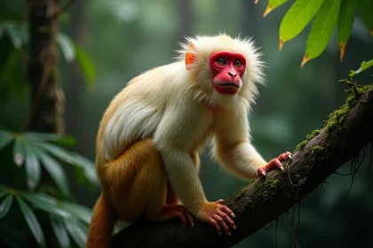 Singe Uakari au visage rouge vif perché sur une branche en forêt amazonienne