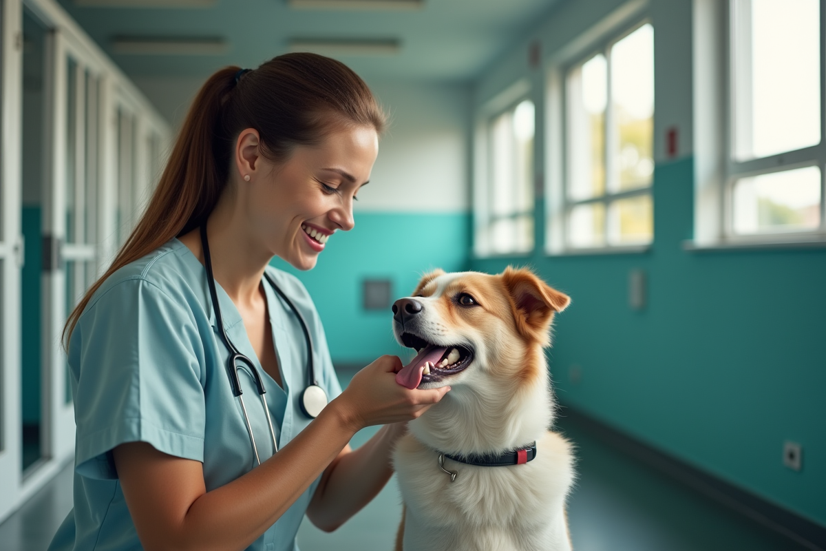 Soignant animal souriant caressant un chien heureux dans un refuge