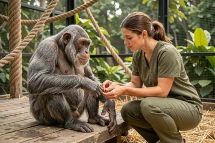 Soigneuse examinant attentivement un chimpanzé âgé dans un sanctuaire de primates