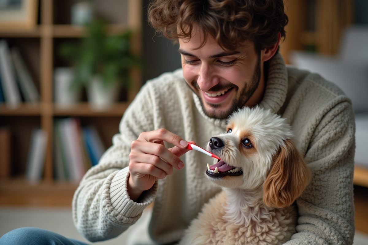 Jeune homme appliquant pâte dentifrice sur poodle