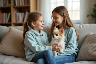Petite fille tenant un spitz chiwawa sur ses genoux dans un salon familial cosy