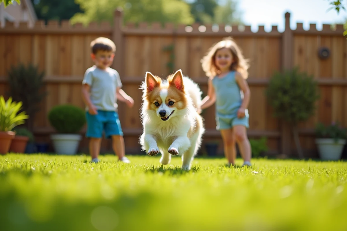 Spitz chiwawa jouant avec deux enfants dans un jardin familial ensoleillé