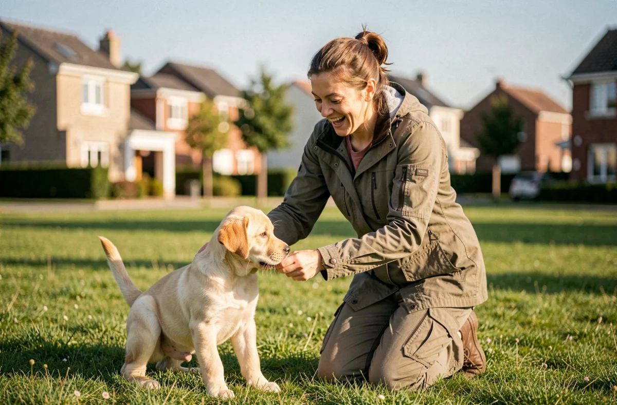 Stéphaniebaradat travaillant avec un jeune Labrador sur des exercices d'obéissance de base dans un parc résidentiel girondin