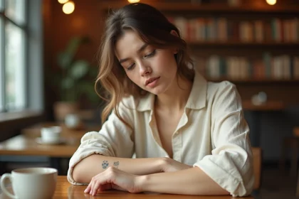 Jeune femme au poignet tatoué d'un chien minimaliste et d'une empreinte de patte dans un café en bois chaleureux