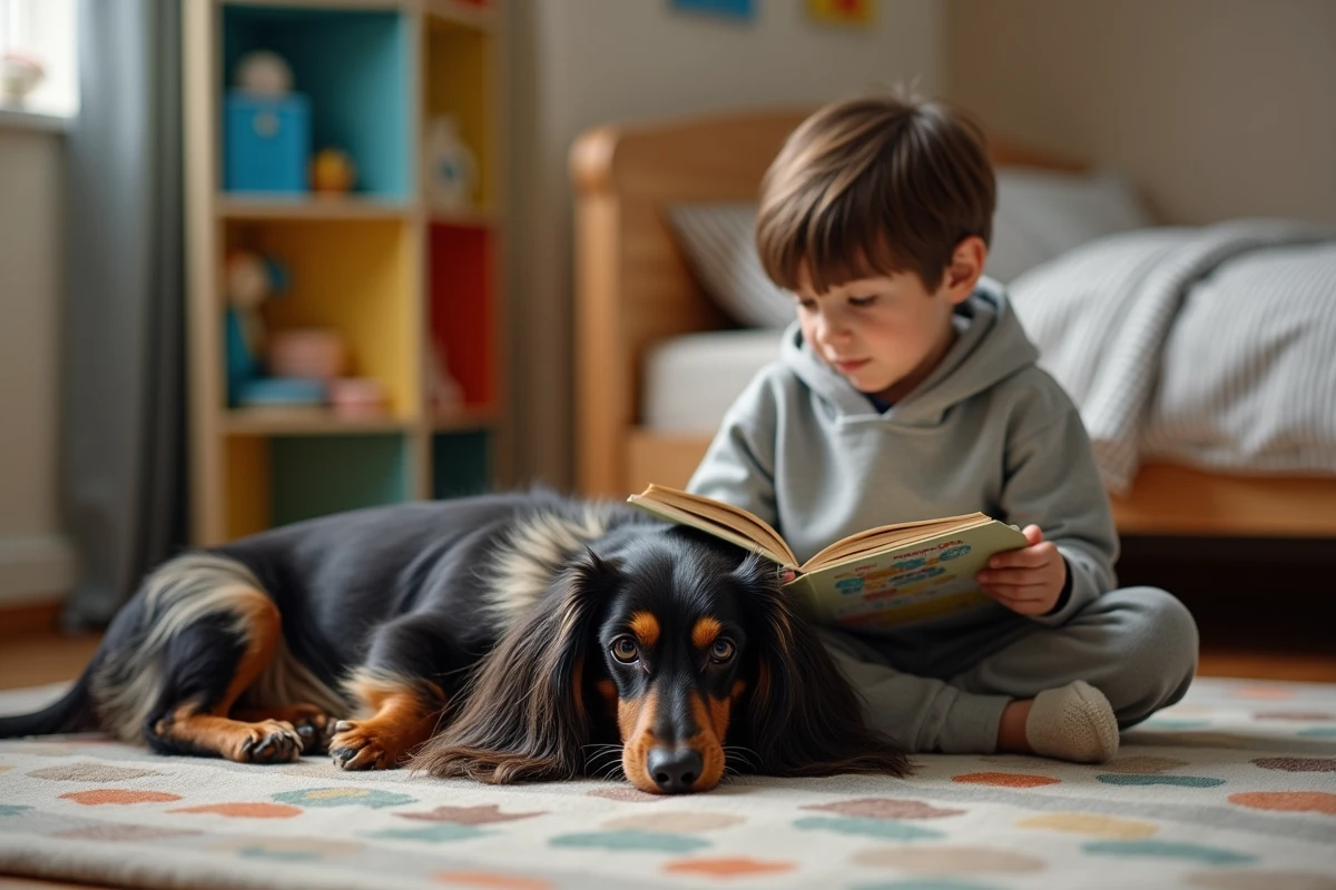 Teckel poils longs arlequin allongé sur les genoux d'un enfant lisant un livre dans une chambre d'enfant colorée