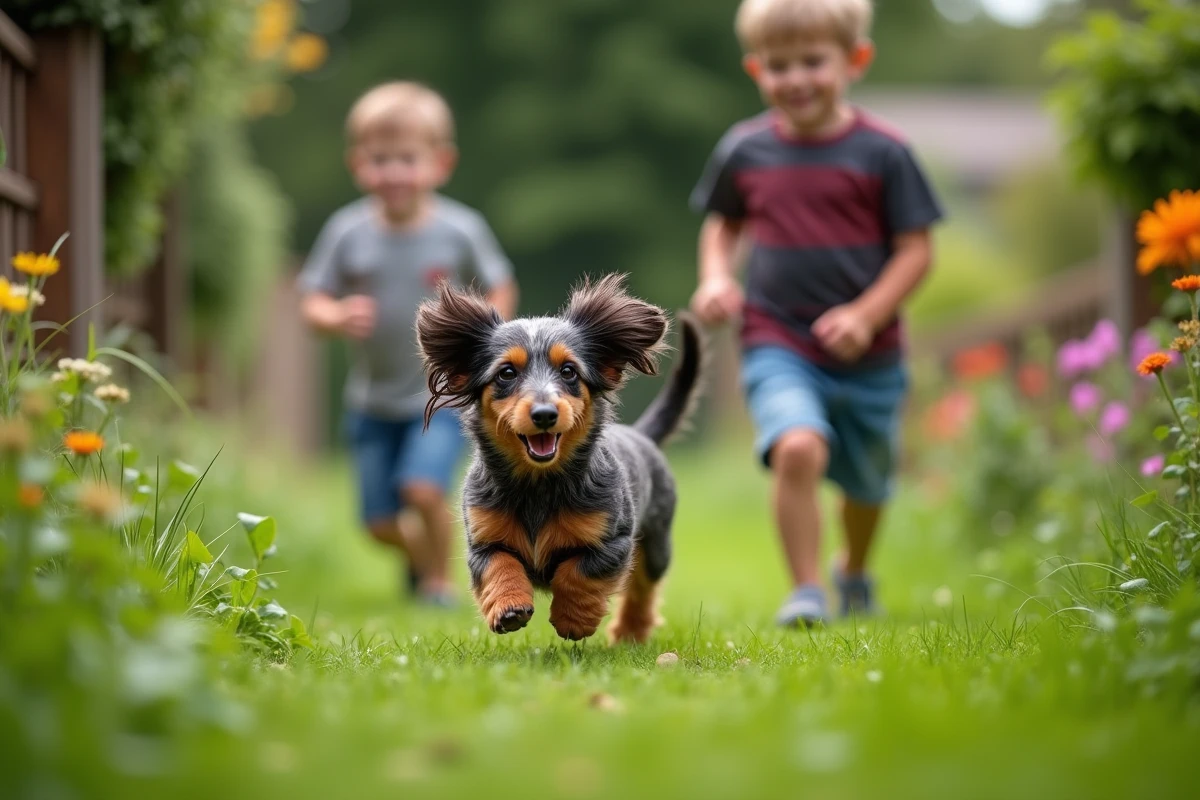 Teckel arlequin poils longs jouant dans un jardin avec deux jeunes garçons par une belle journée