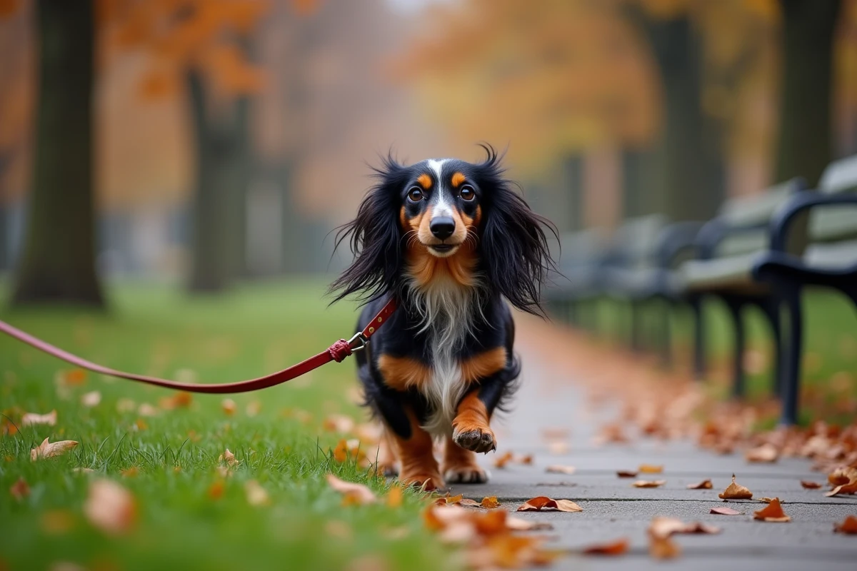 Teckel à poil long arlequin en promenade sur un chemin de parc en automne avec laisse rouge