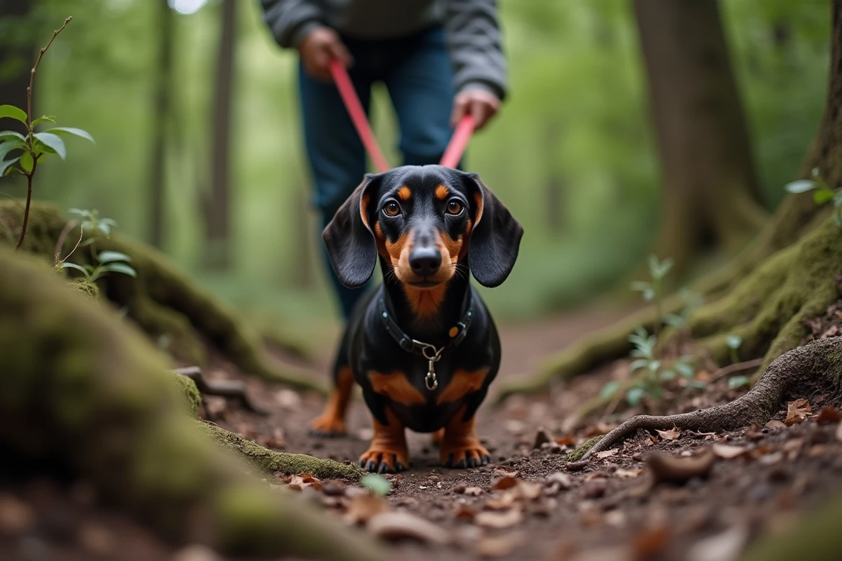 Teckel refusant d'avancer sur un sentier forestier malgré la traction de la laisse, illustrant son entêtement hérité de la chasse