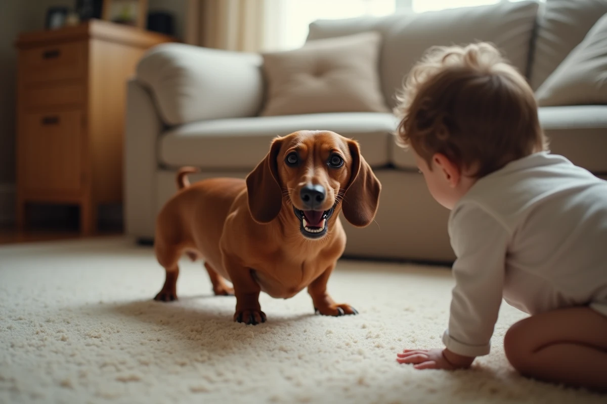 Teckel grognant face à un jeune enfant qui s'approche, illustrant l'incompatibilité fréquente avec les tout-petits