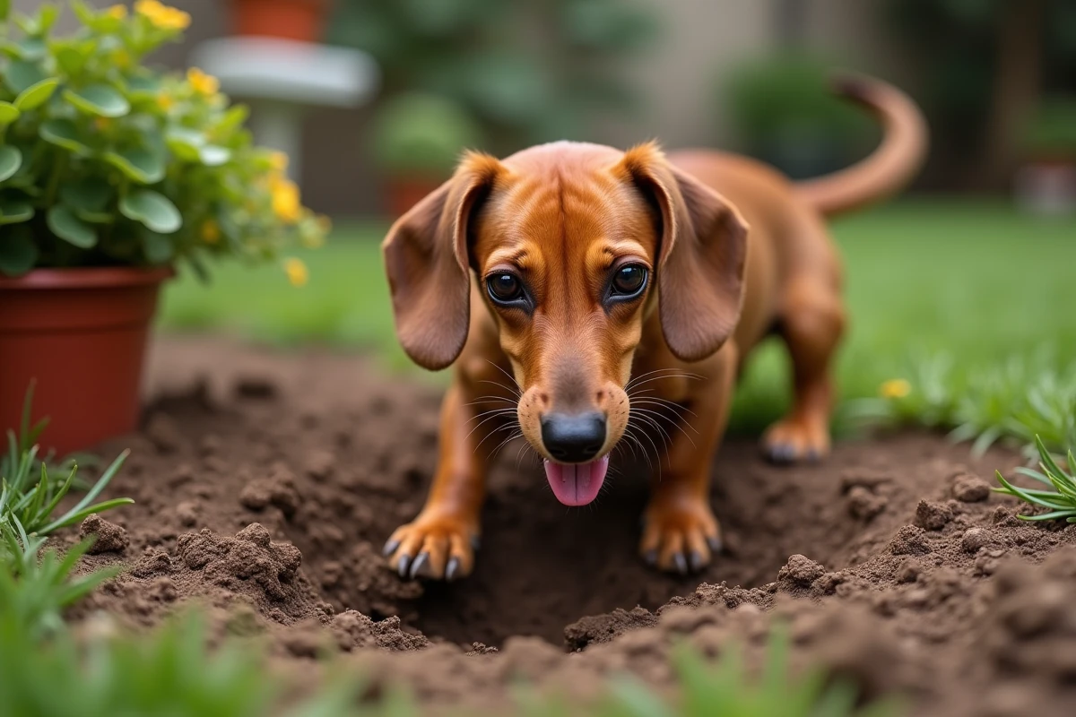 Teckel creusant frénétiquement un trou dans un jardin avec des plantes renversées autour de lui, illustrant l'instinct de creusement destructeur