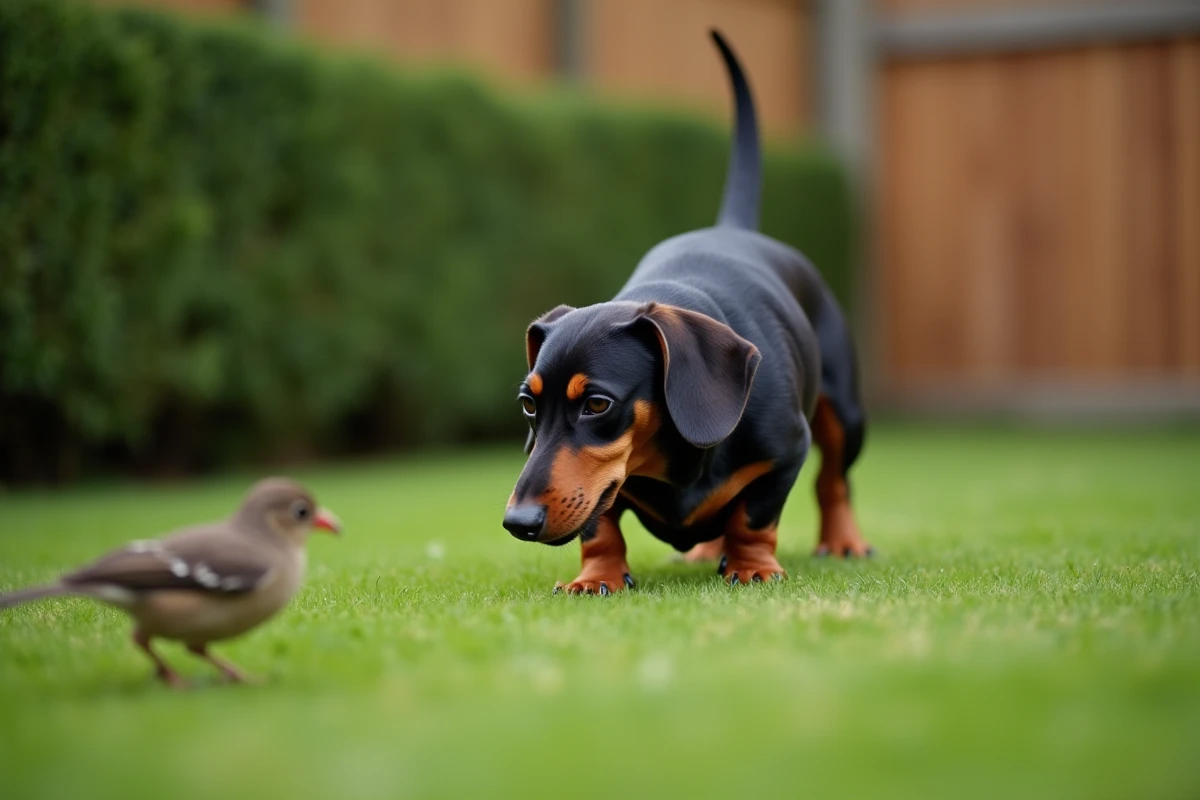 Teckel en position de traque regardant fixement un petit oiseau dans un jardin, illustrant sa prédation active sur les petits animaux