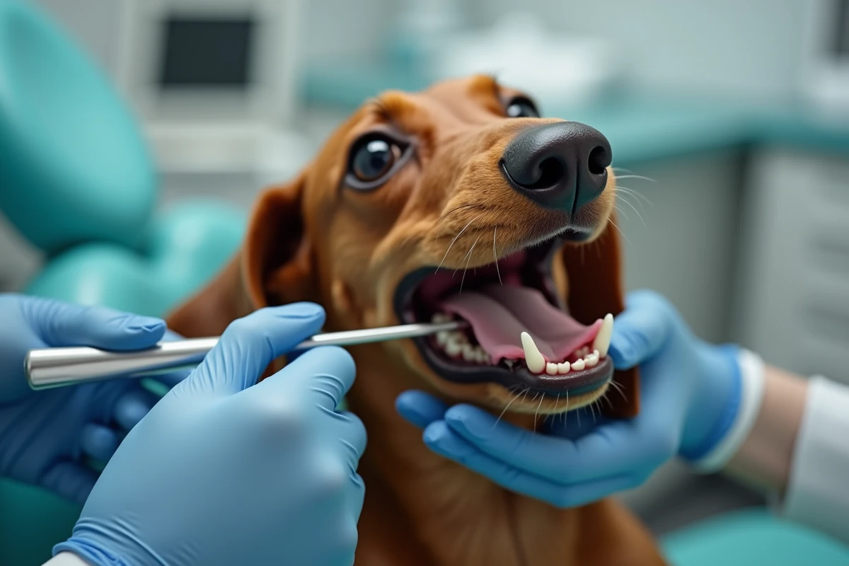 Vétérinaire examinant les dents d'un teckel avec un détartreur, illustrant les problèmes dentaires chroniques de la race