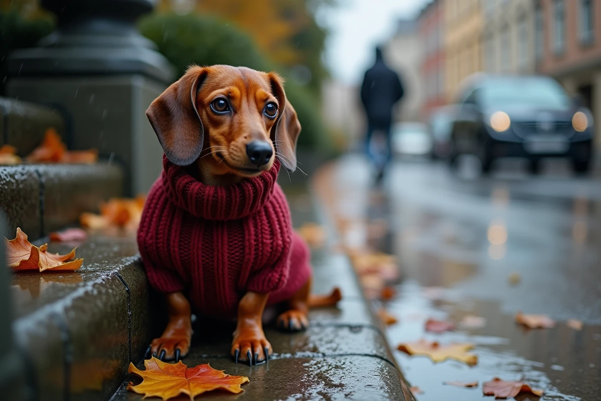 Teckel frissonnant sous la pluie d'automne enveloppé dans un manteau tricoté, illustrant sa sensibilité au froid et à l'humidité