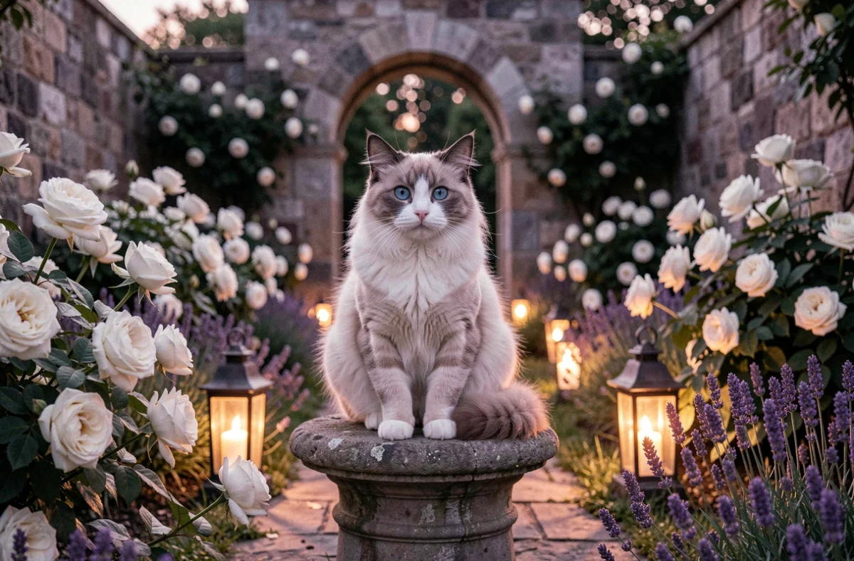 Chat Ragdoll aux yeux bleus perché sur un piédestal en pierre dans un jardin enchanté au crépuscule avec roses blanches et lanternes dorées