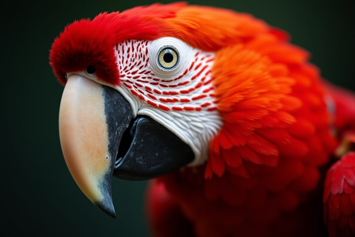 Tête de aras rouge avec détails des plumes et regard intense