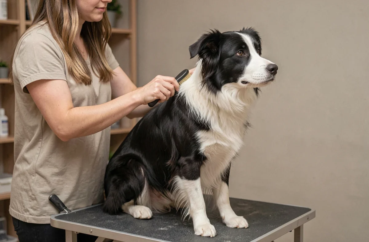 Femme toilettant un Border Collie poil ras sur une table de toilettage, montrant la facilité d'entretien du pelage court