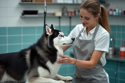 Toiletteuse brossant le pelage épais d'un Husky de Sibérie noir et blanc sur une table de toilettage professionnelle