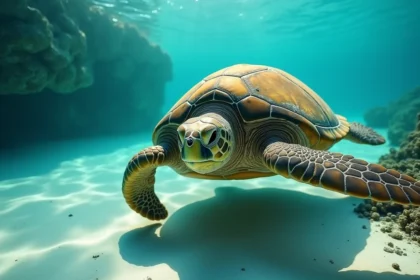Tortue marine ancienne nageant lentement sous la surface de l'océan turquoise, symbole de lenteur et de persévérance