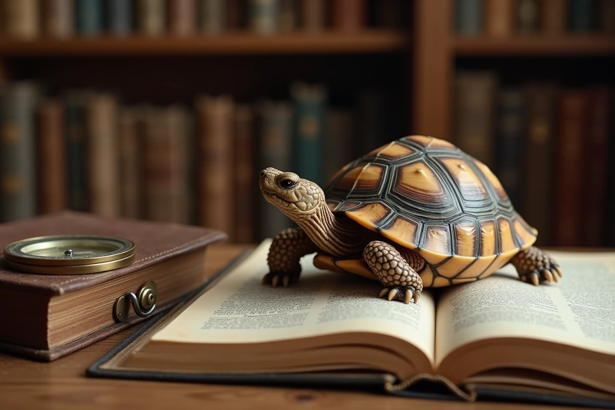 Petite tortue terrestre posée sur un bureau en bois vintage entourée d'un livre ancien et d'une boussole, évoquant la sagesse et la réussite