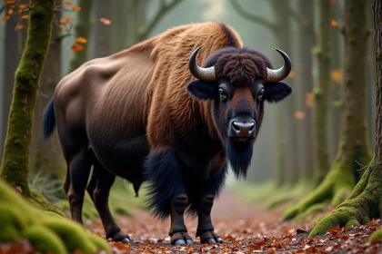 Urus, ancêtre du bœuf domestique, debout dans une forêt ancienne avec son épaisse fourrure brune et son imposante silhouette