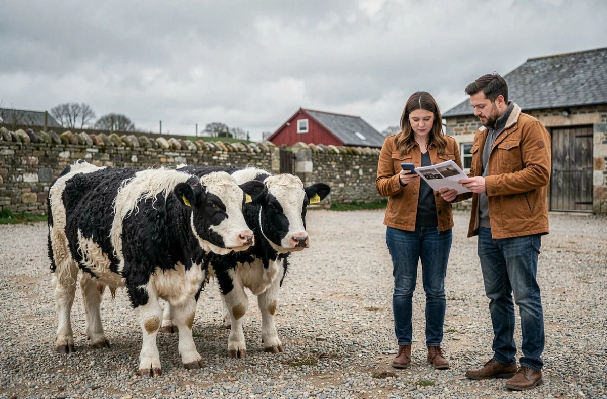 Couple vérifiant les documents d'achat de mini vaches fluffy dans une ferme