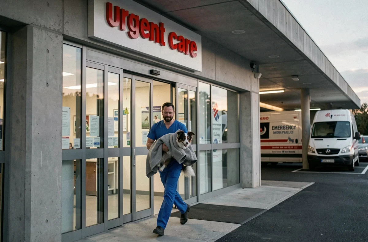 Vétérinaire d'urgence portant un chien à l'entrée de Vet-Urgentys Ouest à Toulouse