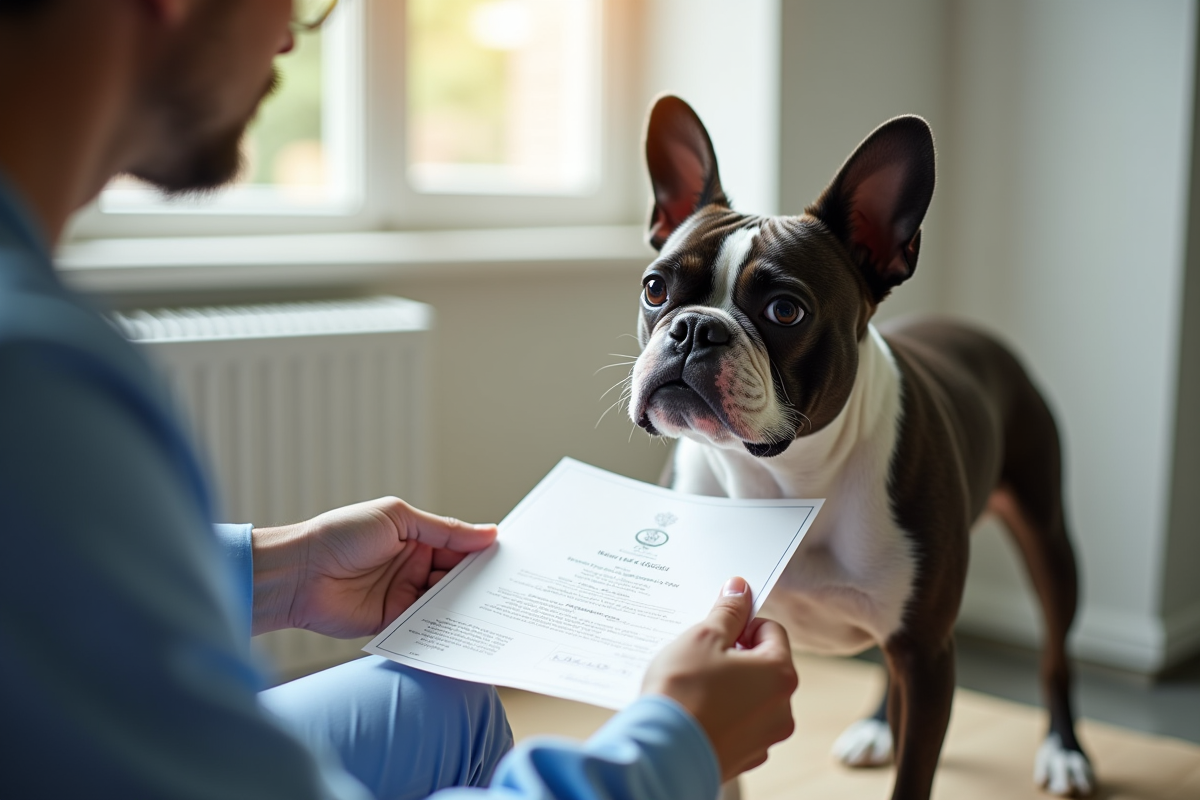 Vétérinaire examinant un certificat de pedigree pour un bouledogue français